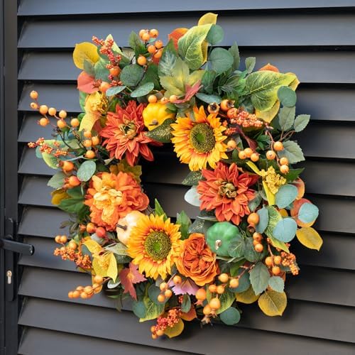 24 Inch Autumn Wreath with Sunflowers and Maple Leaves