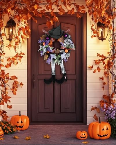 Halloween Witch Wreath Front Door Decor Black Wreath with Hat and Legs