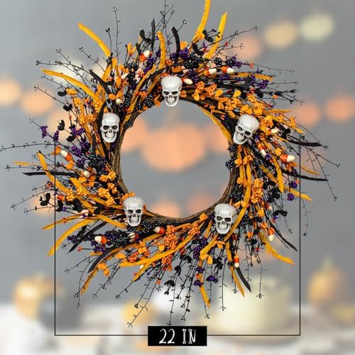 Black Halloween Wreath with Skulls and Candy Berries