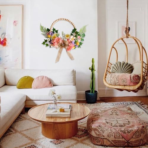 TEMPUS 16 Inch Artificial Spring Wooden Bead Wreath with Flower Bow Summer Hydrangea Wreath Home Decorations