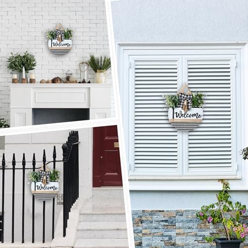 Welcome Sign for Front Door Decor - Walasis 12inch Wooden Farmhouse Wreath with Bow Beads