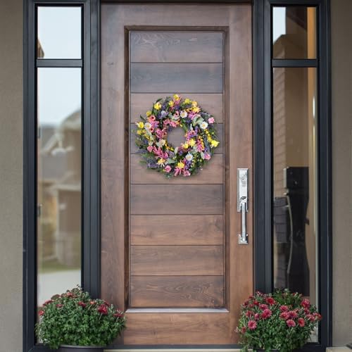 Bibelot Spring Wreath for Front Door 22 Inch Artificial Floral Decor with Daisy Lavender and Wildflowers