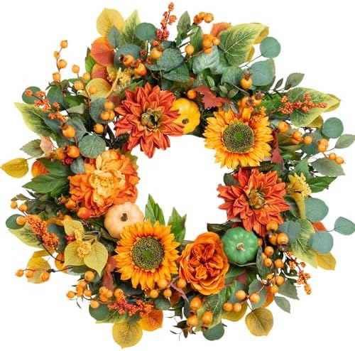 24 Inch Autumn Wreath with Sunflowers and Maple Leaves