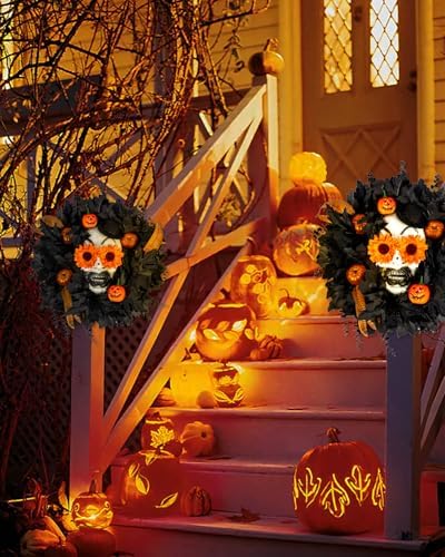 Halloween Wreath for Front Door with Skull and Pumpkin