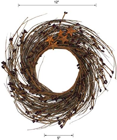 Primitives Rustic Wreath with Barn Stars and Berries 12 Inch Burgundy
