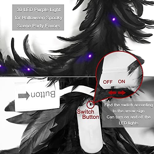 Ogrmar 157 Inch Black Feather Wreath with 30 LED Purple Lights for Halloween Decorations and Party Favors