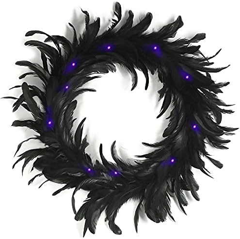 Ogrmar 157 Inch Black Feather Wreath with 30 LED Purple Lights for Halloween Decorations and Party Favors