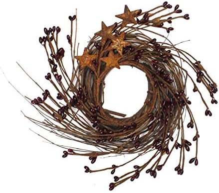 Rustic Wreath with Barn Stars and Berries 7-Inch Burgundy