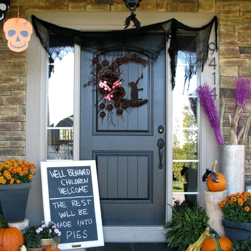 Spooky Halloween Wreath with Lights Black Cat Moon Door Decor
