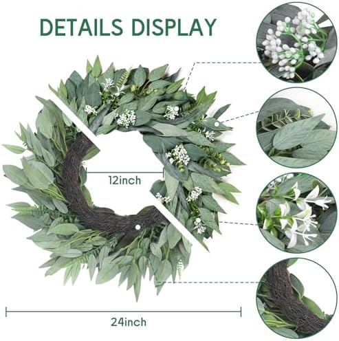 24 Artificial Leaf Wreath with Hook - Decor for Front Door Wall Wedding Party Green