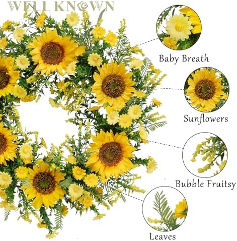 21 Inch Handmade Silk Sunflower Wreath for Front Door