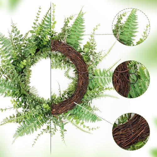 26 Inch Handmade Green Fern Wreath for Front Door Decoration