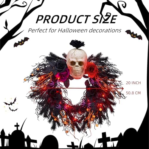 20 Inch Halloween Wreath with Spider Skull Rose Lights