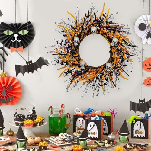 Black Halloween Wreath with Skulls and Candy Berries