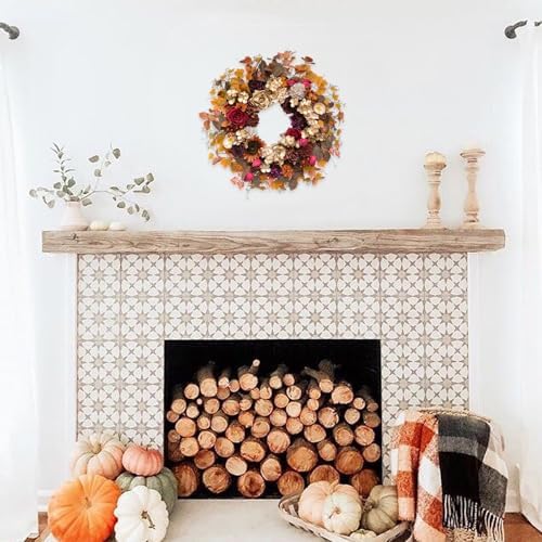 TEMPUS 24 Inch Artificial Fall Wreath - Red Gold Rose Floral Decor for Front Door Thanksgiving Harvest Wall Hanging