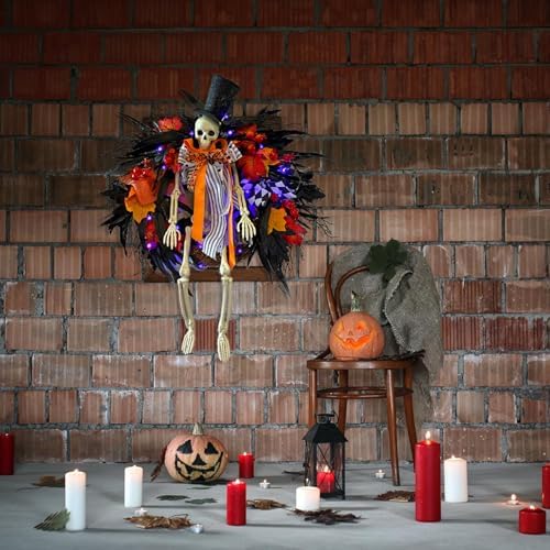 28 Inch Halloween Skeleton Wreath with Lights
