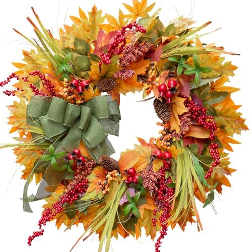 24 Inch Artificial Autumn Door Wreath with Green Bow and Maple Leaves
