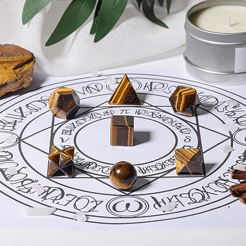 Rockcloud Tigers Eye Platonic Solids Sacred Geometry Set 7 Pieces for Healing Meditation