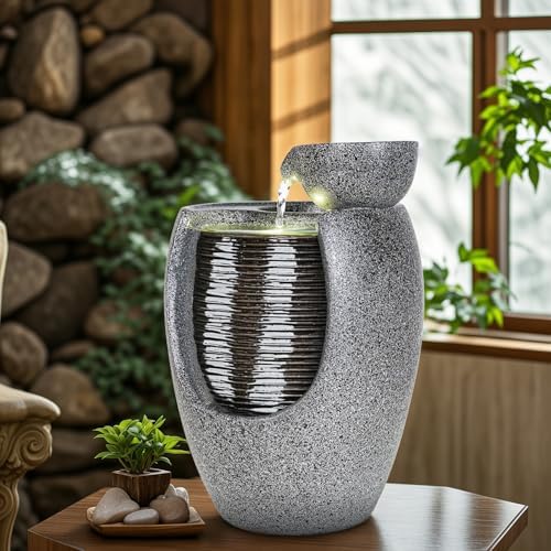 10 Inch Ceramic LED Tabletop Water Fountain with Plant Holder