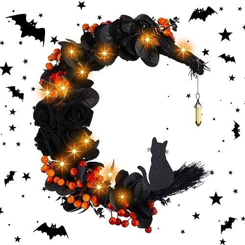 Ceenna Halloween Moon Cat Wreath with Black Roses