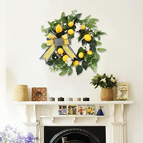 20 Inch Lemon Wreath for Front Door with Daisy Bow Eucalyptus Leaves and White Berries
