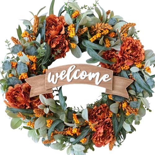 24 Inch Fall Peony Eucalyptus Wreath for Front Door