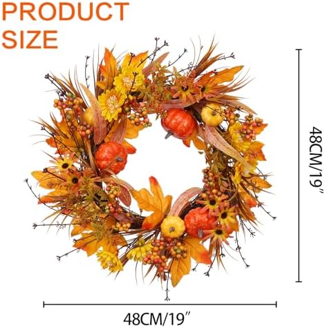 19 Inch Fall Wreath with Pumpkins and Maple Leaves