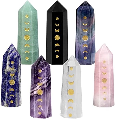 Set of 7 Engraved Moon Phase Crystal Wand Stones for Meditation and Home Decor