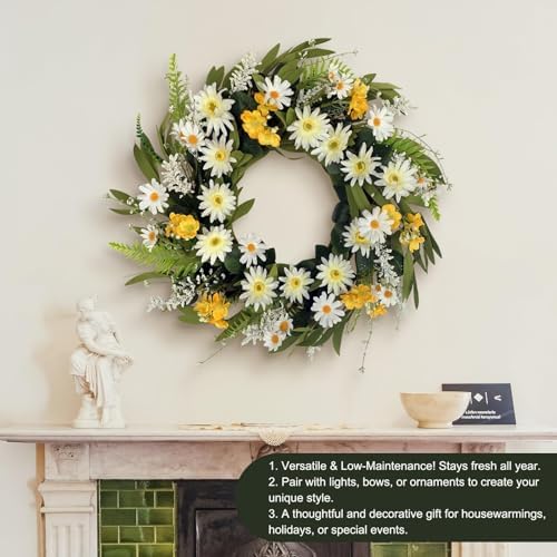 Spring Wreath for Front Door 20 Inch Artificial Daisy Flower Decor