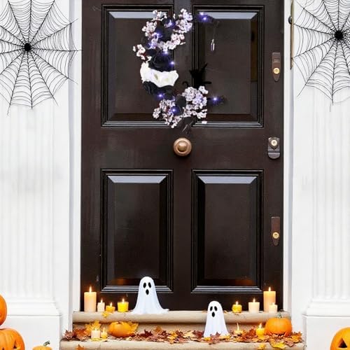 MyCoats 2025 Halloween Door Wreath with Black Cat Moon Light