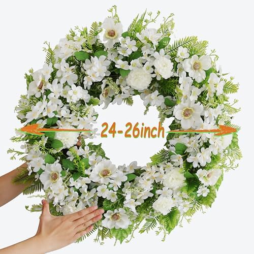 White Faux Silk Flower Wreath 24-26 Inch Front Door Decor