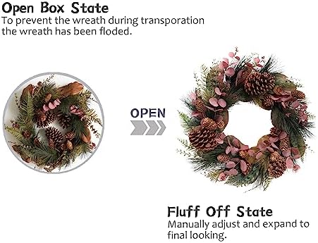 TEMPUS 20 Inch Christmas Wreath with Magnolia and Red Eucalyptus Leaves
