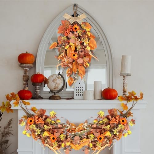 2 Pcs 24 Inch Artificial Autumn Teardrop Wreath