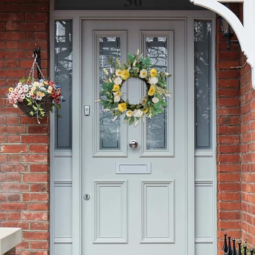 Floribus Summer Wreath Yellow Flowers with Roses Poppies Lavender 18 Inch Front Door Decor