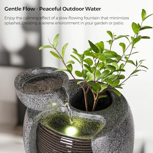 10 Inch Ceramic LED Tabletop Water Fountain with Plant Holder