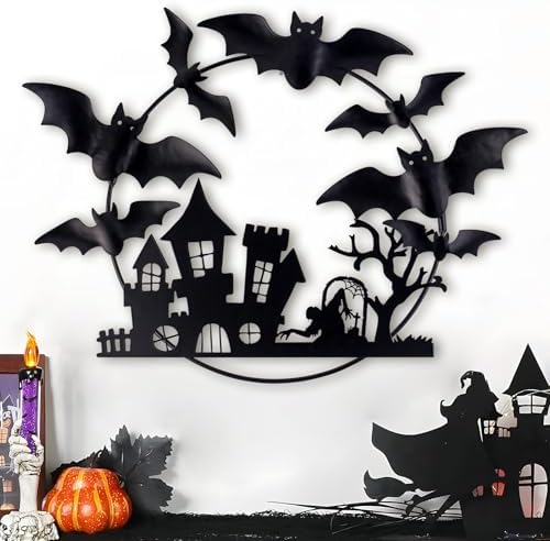 Halloween Metal Wreath - 20 Inch Black Iron Decor with Bats Castle Witch and Tree