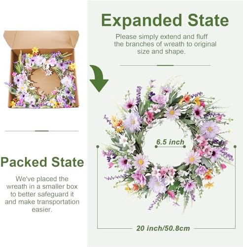 20 Inch Purple Wildflower Summer Wreath for Front Door