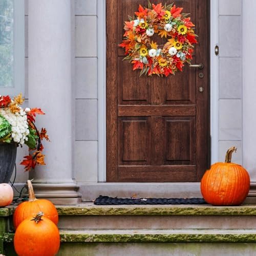 Fall Wreaths for Front Door 24 Inch Autumn Decor with Pumpkins Maple Leaves Wildflowers Berries