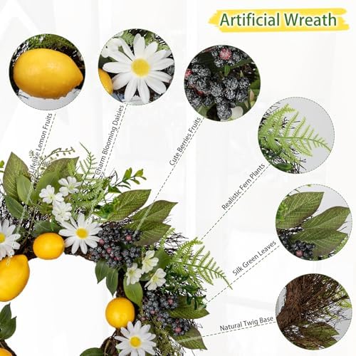 18 Inch Artificial Lemon Wreath for Front Door Summer Door Decor