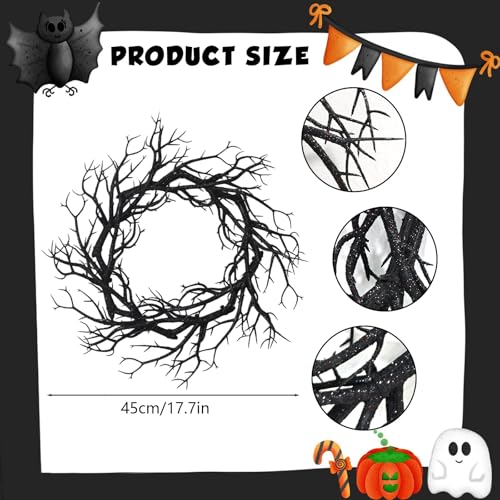 Halloween Black Branch Wreath with Light 165 Inch Artificial Hanging Decor