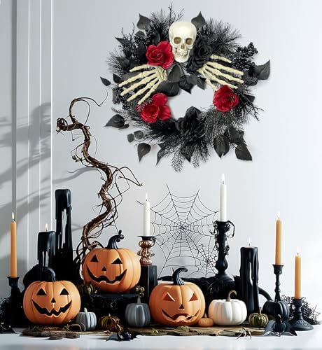 Halloween Skull Wreath with Hands 16 Inch Gothic Garland Decor