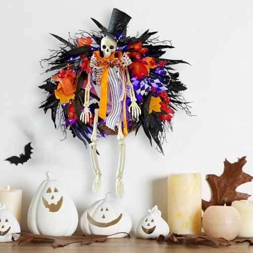 28 Inch Halloween Skeleton Wreath with Lights