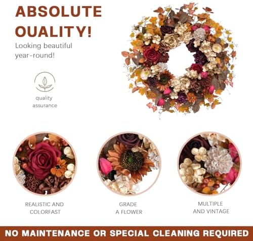 TEMPUS 24 Inch Artificial Fall Wreath - Red Gold Rose Floral Decor for Front Door Thanksgiving Harvest Wall Hanging