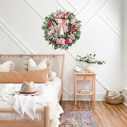 22 Inch Summer Wreath with Hydrangea and Lambs Leaves for Front Door Decor