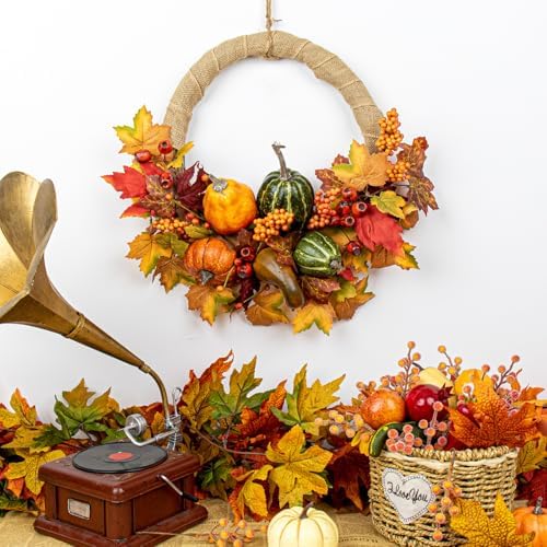 LLZLL Fall Wreath 20 Inch Artificial Thanksgiving Wreath with Pumpkins Berries and Leaves for Front Door