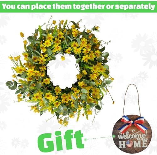VYG Yellow Daisy Wreath 22 Inch Patriotic Welcome Sign