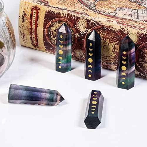 Set of 7 Engraved Moon Phase Crystal Wand Stones for Meditation and Home Decor