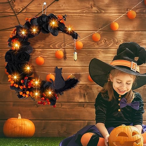 Ceenna Halloween Moon Cat Wreath with Black Roses