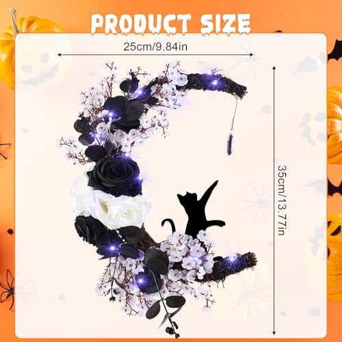 MyCoats 2025 Halloween Door Wreath with Black Cat Moon Light