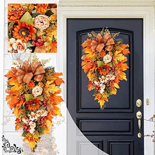Fall Teardrop Wreath for Front Door 216 Thanksgiving Decor with Pumpkins and Maple Leaves